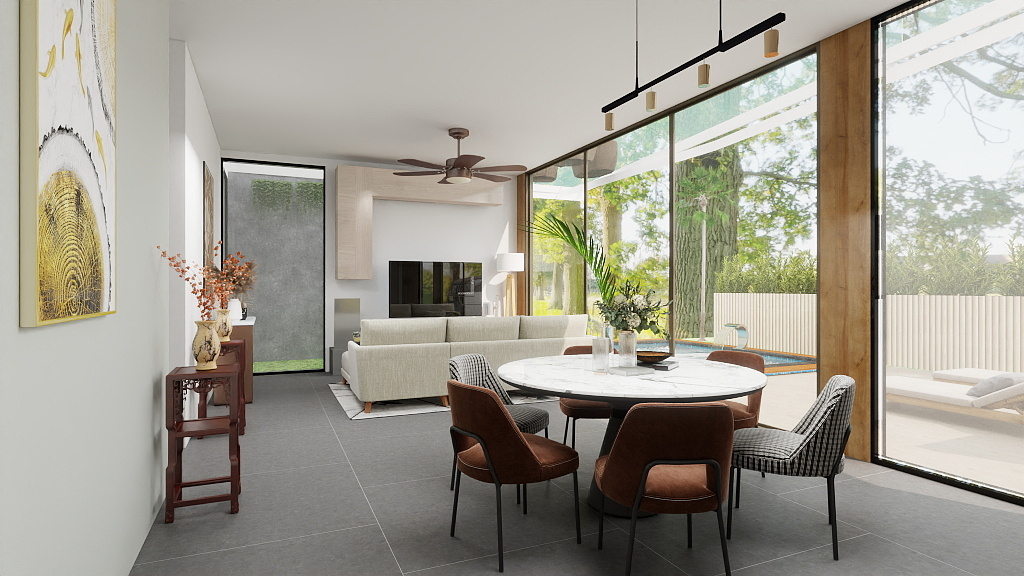 Sala de estar con vista a jardín